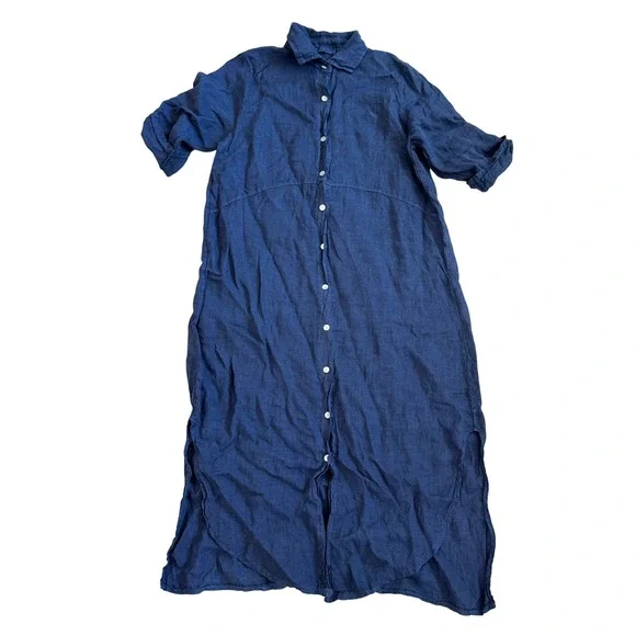 Meo Meli | Dresses | Meo Meli Italian Linen Button Front Maxi Dress Roll  Tab Sleeve Navy Blue Xl Boho | Poshmark